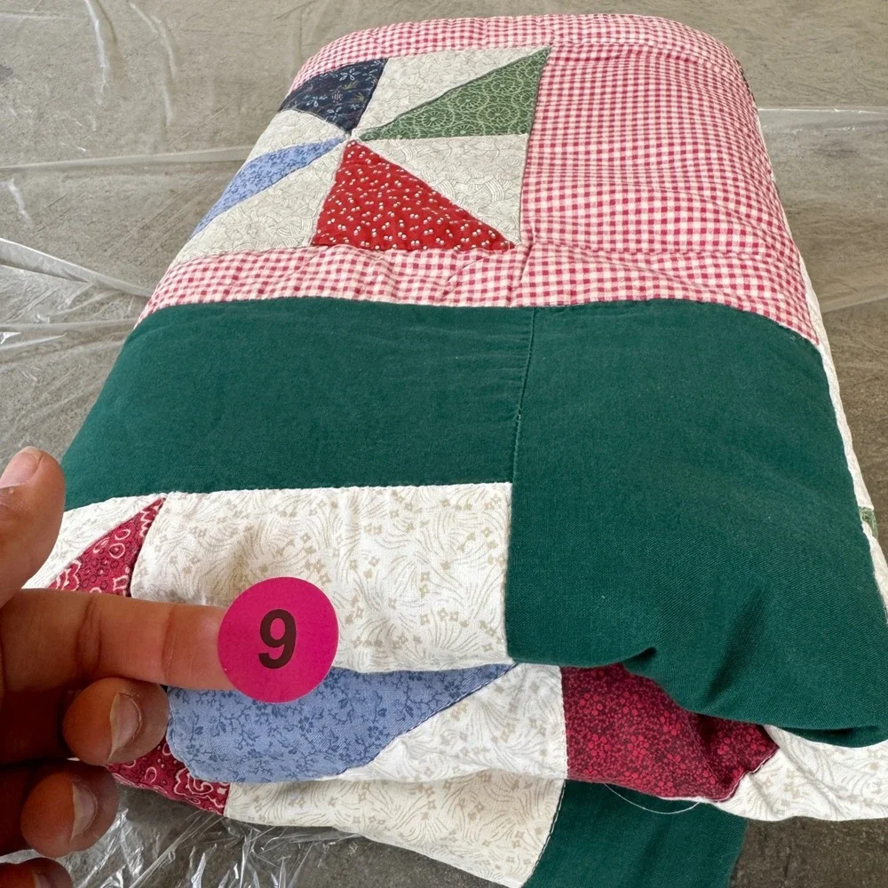 Vintage Handmade Patchwork Star Quilt 66x66 Green Red Blue Cottagecore cabin